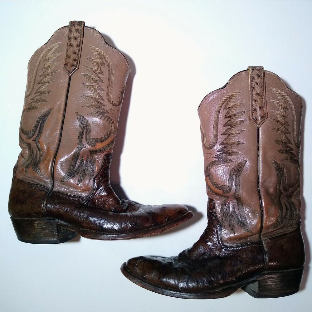 Luskey’s Brown Two Tone Ostrich Skin Cowboy Western Boots Men's Est. Size 8 M